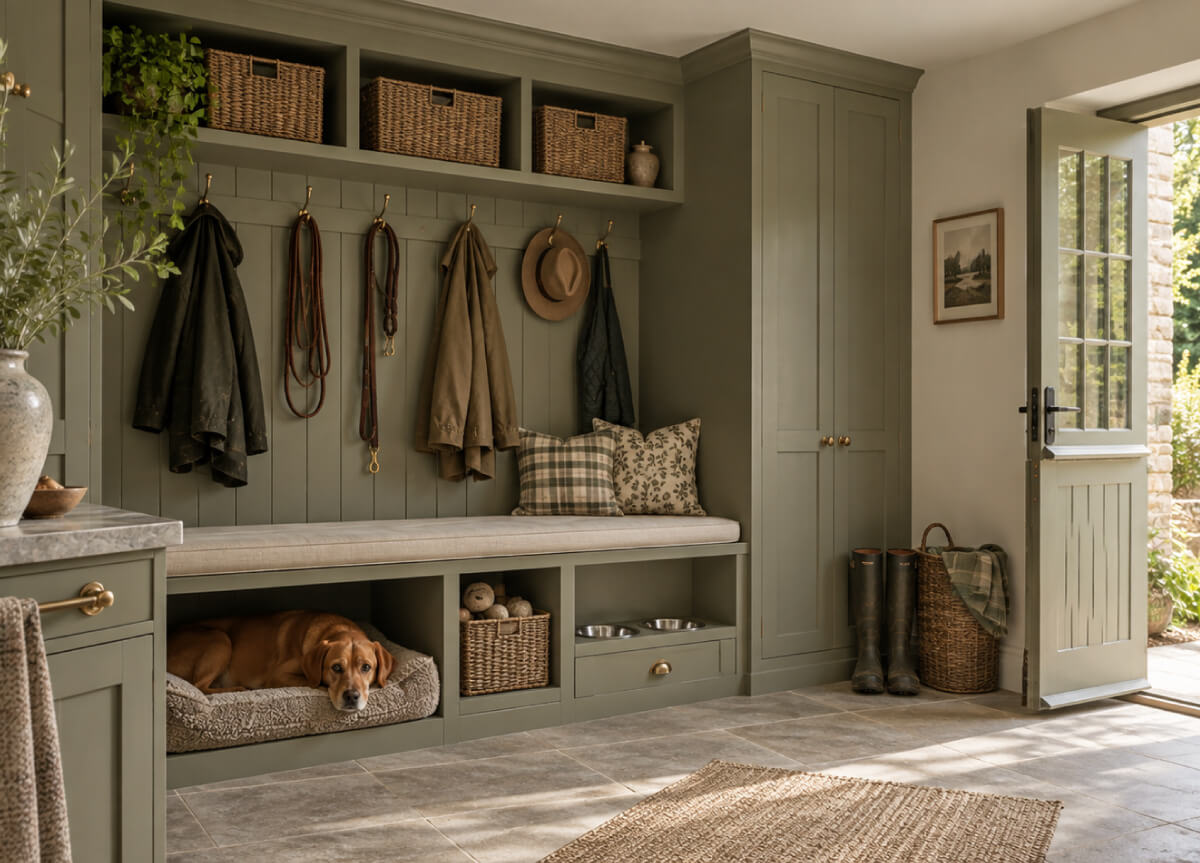a design for a traditional boot room with green cabinets and an area for a dog bed